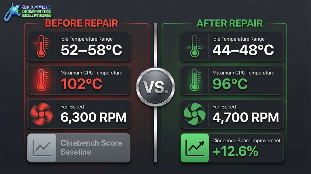 MacBook Pro thermal repair before and after temperature and performance comparison chart