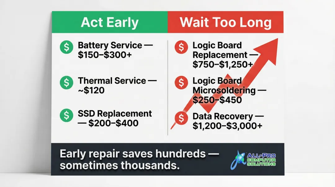 Early versus late MacBook Pro repair cost comparison table infographic