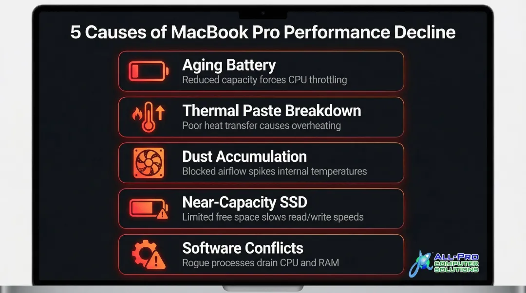 Five root causes of MacBook Pro performance degradation visual breakdown