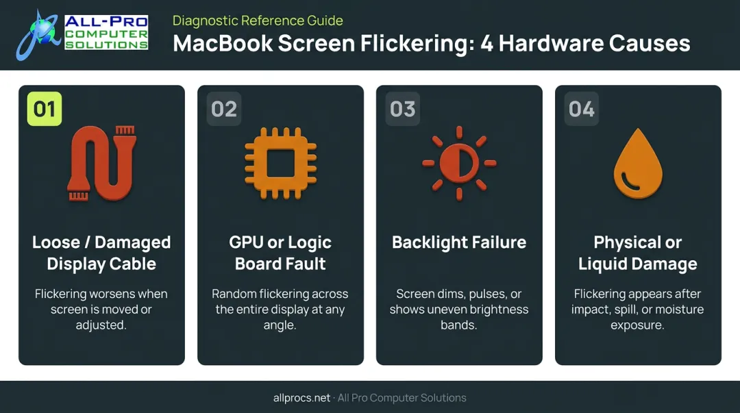 Four hardware causes of MacBook screen flickering diagnosis infographic
