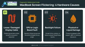 Four hardware causes of MacBook screen flickering diagnosis infographic
