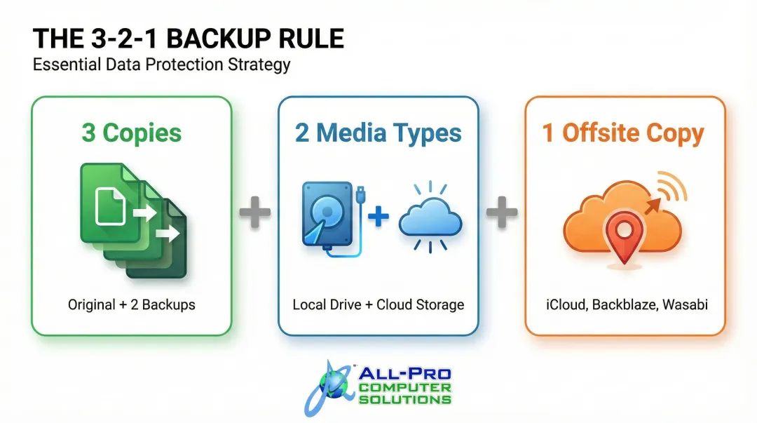 3-2-1 backup rule diagram showing three copies two media types one offsite
