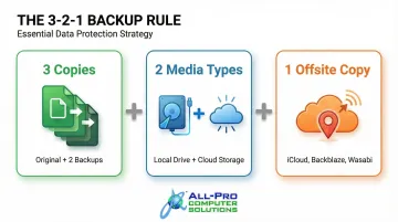 3-2-1 backup rule diagram showing three copies two media types one offsite
