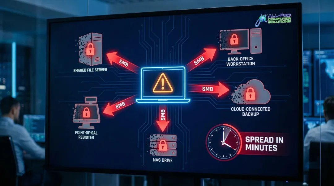 SMB protocol ransomware lateral movement spreading across small business network diagram