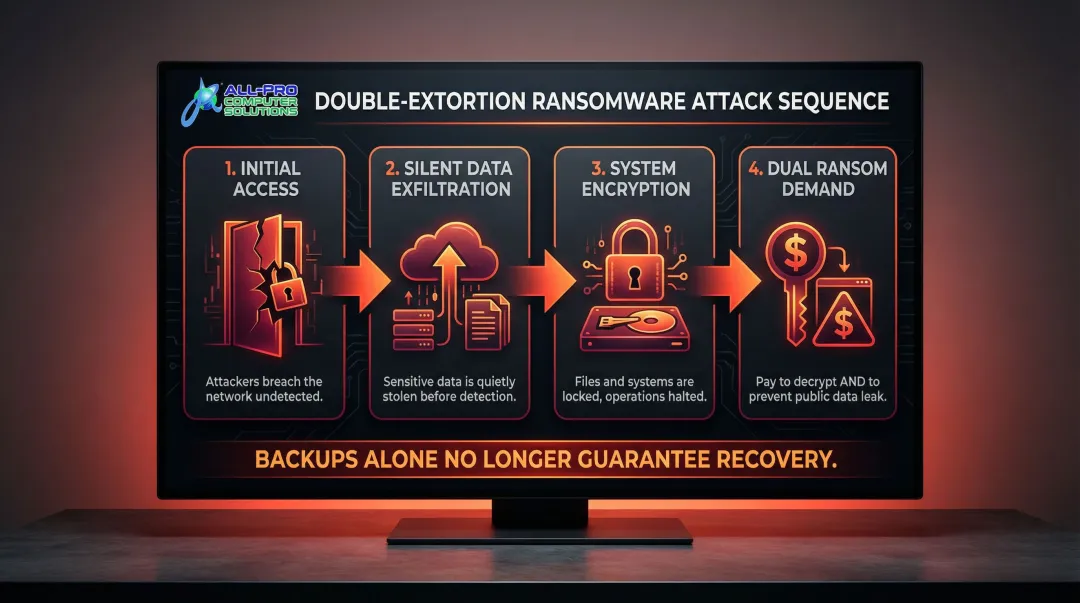 4-step double extortion ransomware attack sequence process flow infographic