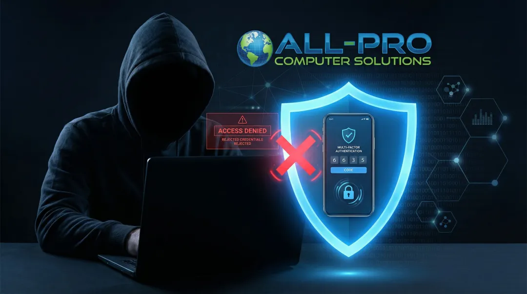 Cybercriminal blocked by multi-factor authentication shield protecting business network access