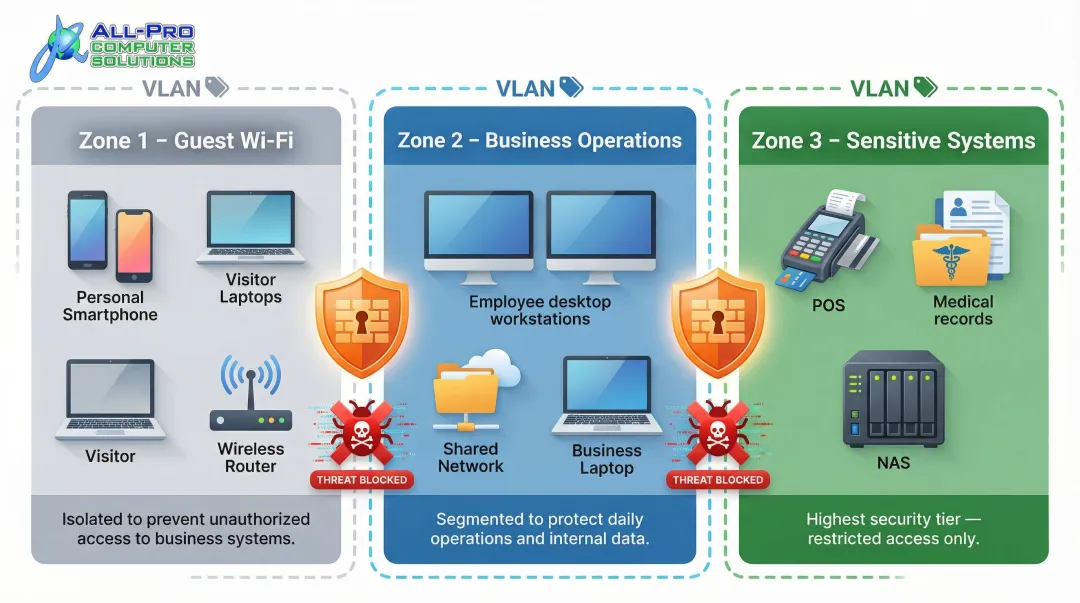 Small business network segmentation diagram separating guest devices from sensitive systems