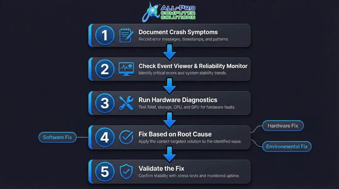 Five-step computer crash diagnosis and repair process flow infographic