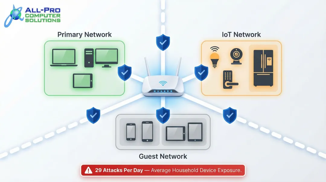 Home network segmentation diagram separating IoT devices from work and personal devices