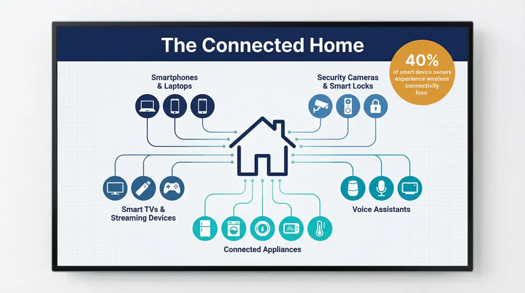 Average U.S. household connected devices breakdown across 13 categories infographic