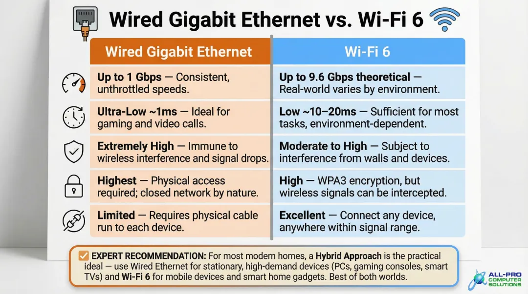 Wired Ethernet versus Wi-Fi 6 home network performance comparison side-by-side infographic