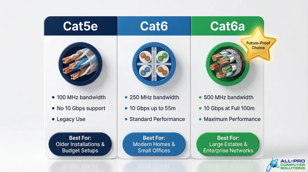 Cat5e Cat6 Cat6a ethernet cable comparison chart for home network installations