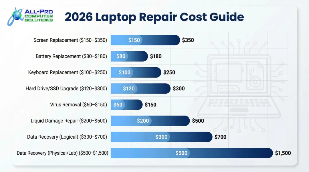 2026 laptop repair cost ranges for eight common repair types