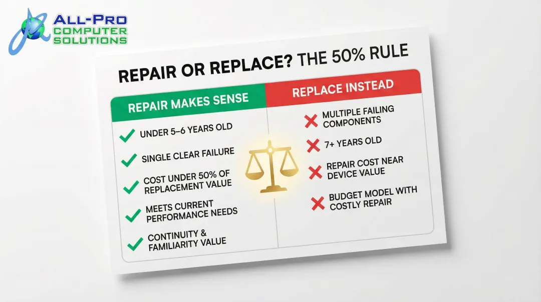 Repair versus replace laptop decision framework side-by-side criteria comparison