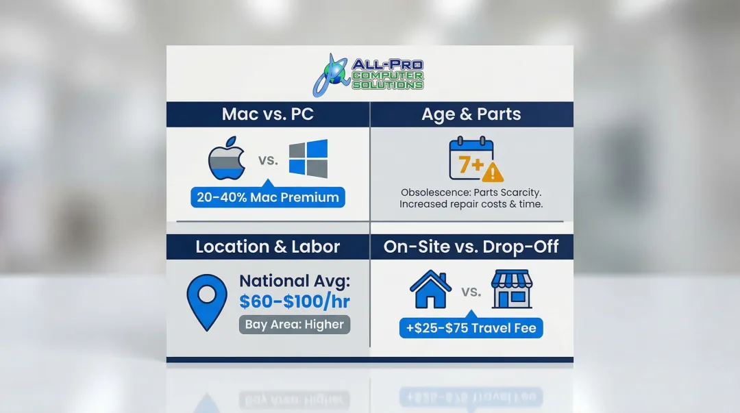 Laptop repair cost factors comparison Mac versus PC location and service type