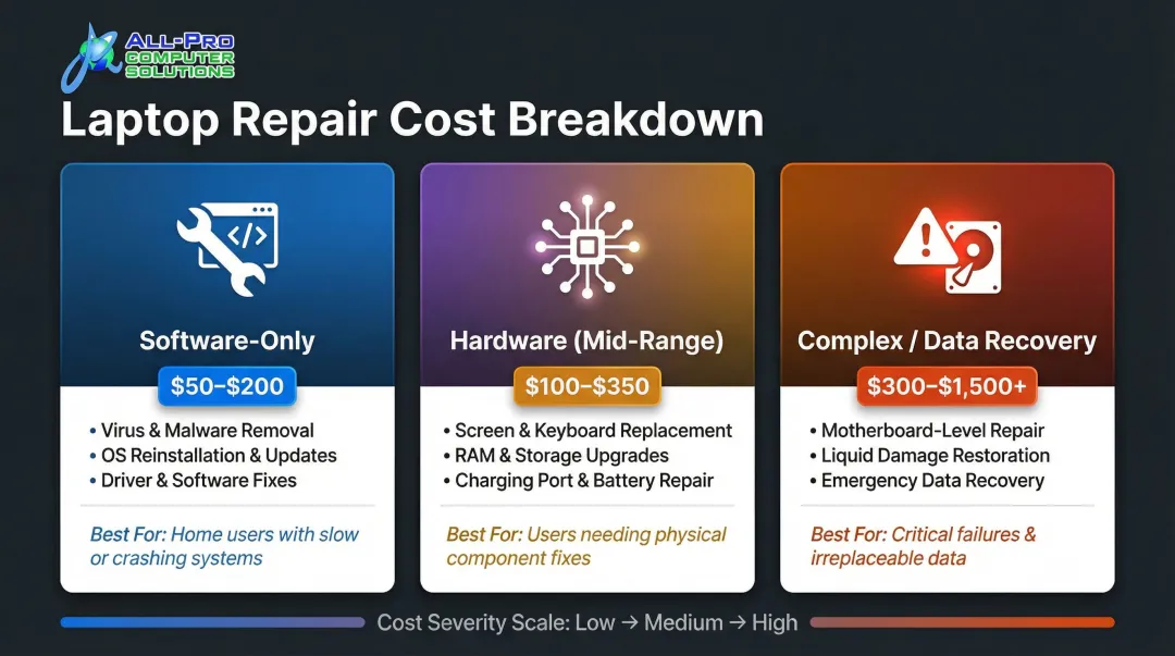 Three-tier laptop repair cost comparison from software to complex hardware
