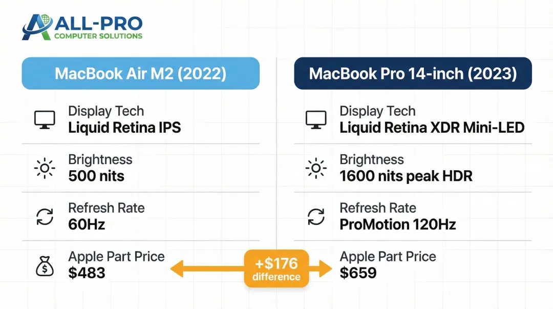 MacBook Air versus MacBook Pro display specs and repair cost side-by-side comparison