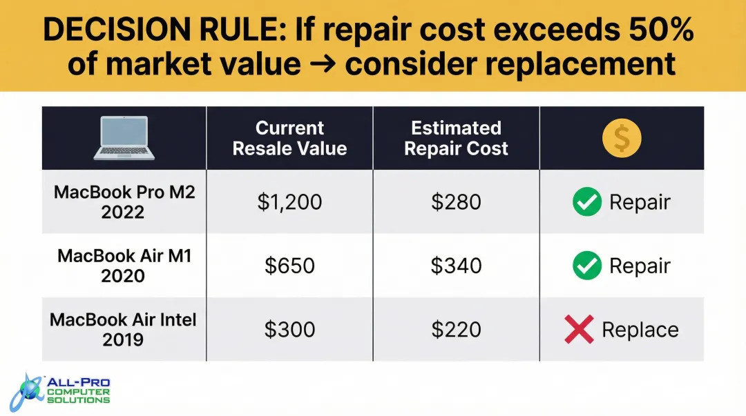 MacBook repair versus replace decision framework comparing cost and resale value by model