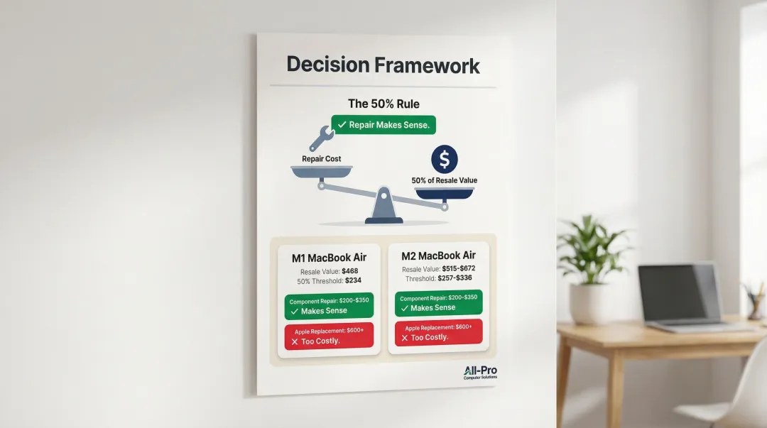 MacBook repair versus replace 50 percent rule decision framework with resale values