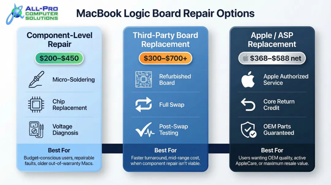 Three-tier MacBook logic board repair cost comparison infographic by service type