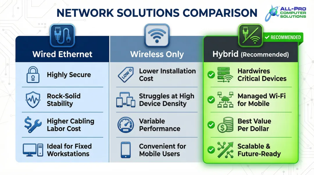 Wired versus wireless versus hybrid small business network design cost comparison