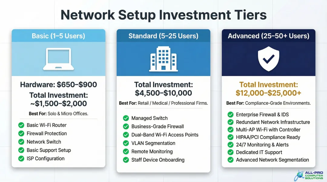 Three-tier small business network setup cost comparison basic standard advanced