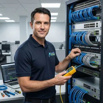 IT technician following a step-by-step process to restore a business network