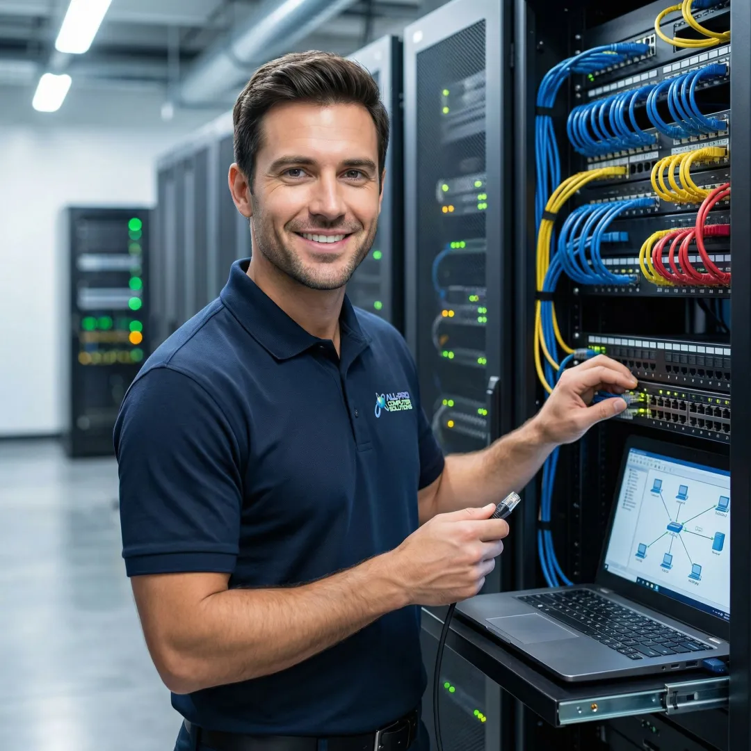 IT technician restoring a business network by configuring routers and cabling in a server room