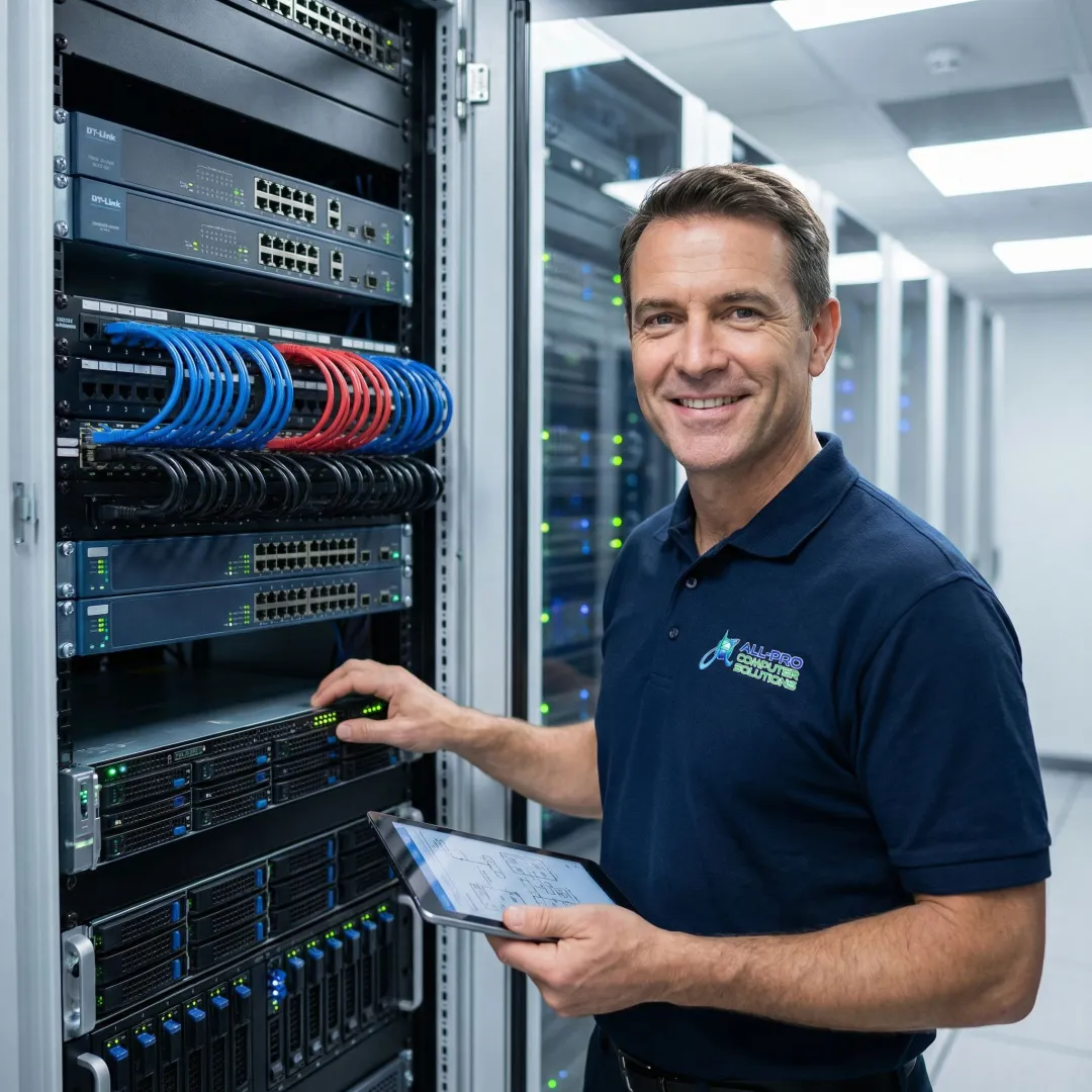 IT technician configuring a business network server rack in a professional office environment