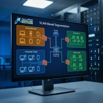 Diagram showing a segmented business network with isolated VLANs and firewall zones