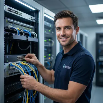 Network technician restoring business connectivity by configuring router and network switches in a server room