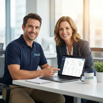 APCS technician helping a small business owner with computer setup on-site