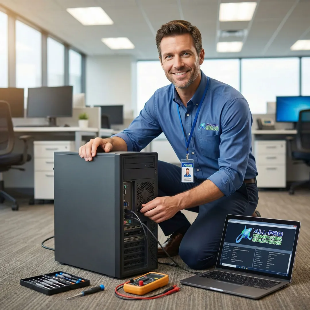 IT technician providing on-site computer support at a business office