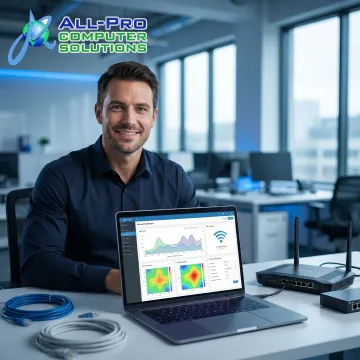 IT technician optimizing WiFi network settings on a laptop for a North Bay home or business.