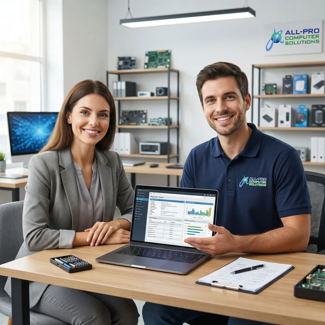 APCS technician explaining a computer repair diagnosis to a satisfied customer