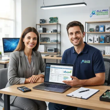 APCS technician explaining a computer repair diagnosis to a satisfied customer