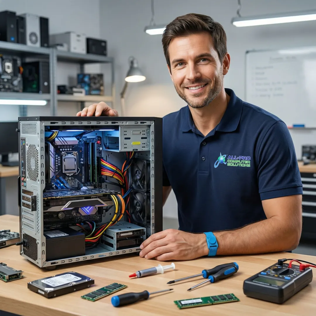 Technician repairing a desktop PC at a workbench with computer components