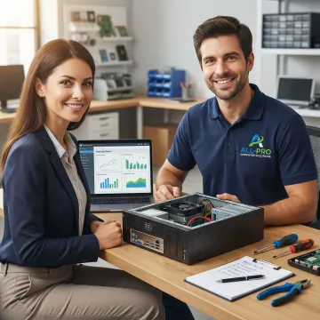 APCS technician consulting with a client about PC repair options at a desk
