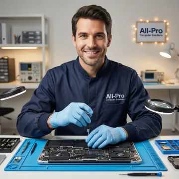 Technician performing a hardware repair on an open MacBook at a repair station