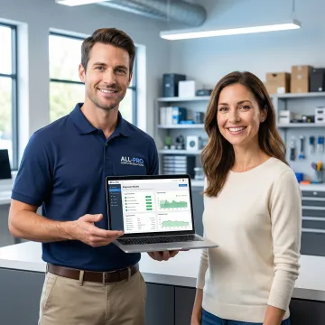 Technician explaining a computer repair diagnosis to a satisfied customer