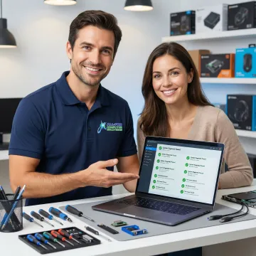 Technician explaining PC repair diagnosis to a customer