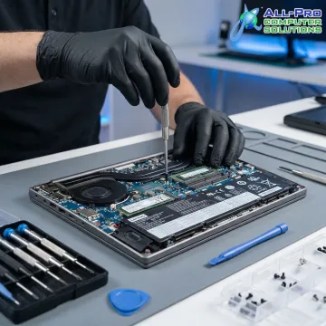 Lenovo laptop being inspected and repaired by a certified technician