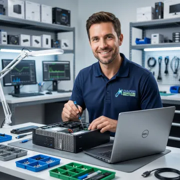 Dell desktop and laptop computers being serviced at a professional IT repair shop