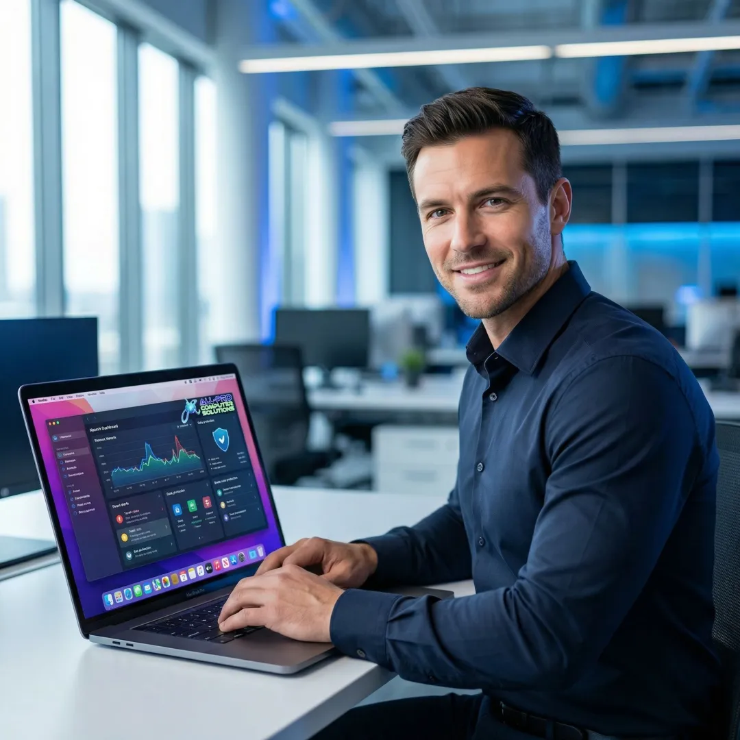 Mac cybersecurity technician reviewing security dashboard on Apple MacBook