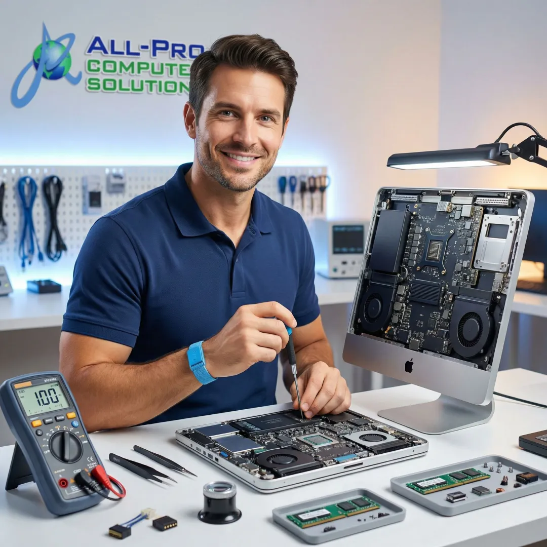 Technician repairing a Mini iMac at a professional computer repair workstation