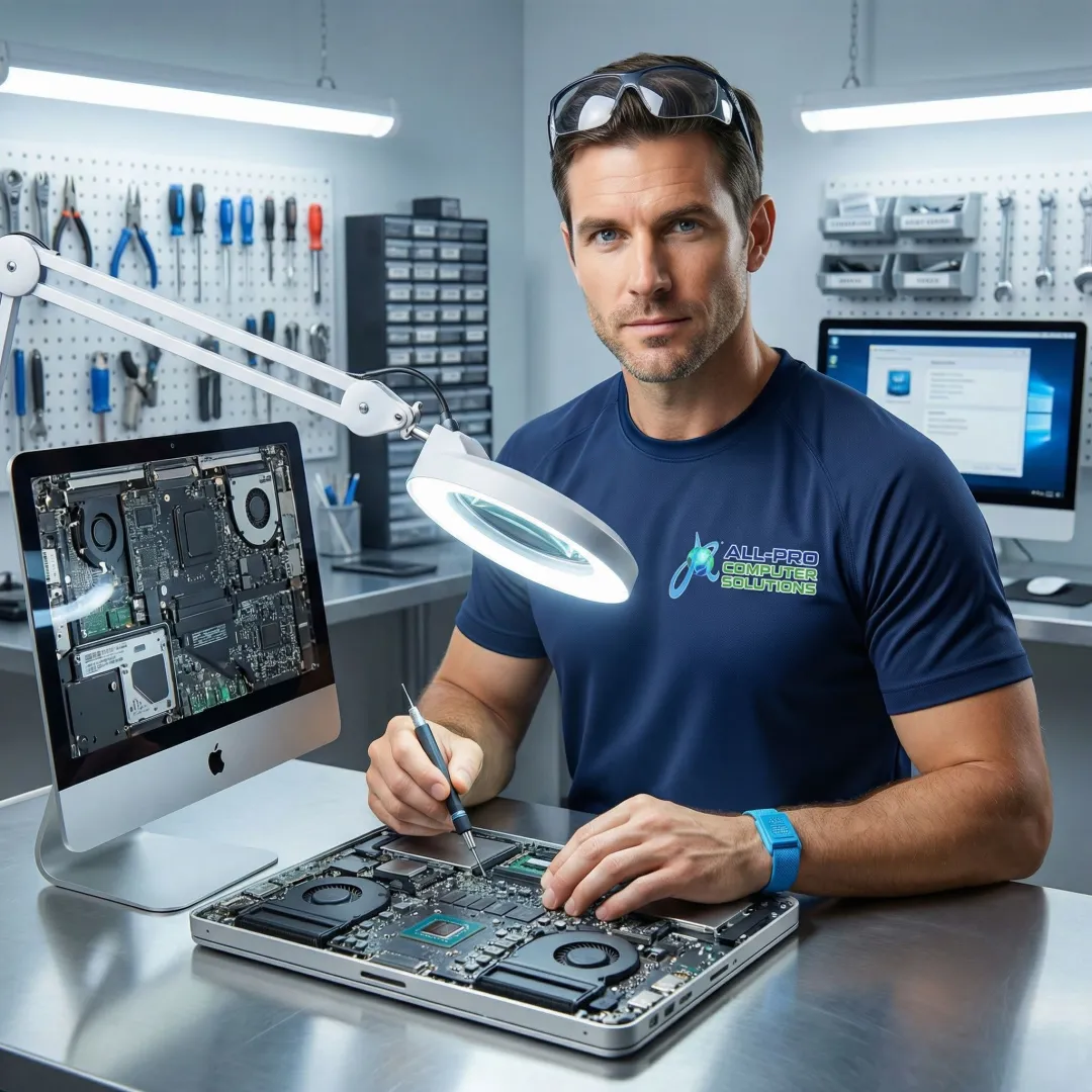 APCS technician inspecting a Mini iMac circuit board under a magnifying lamp
