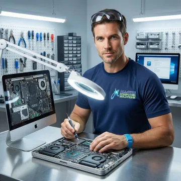 APCS technician inspecting a Mini iMac circuit board under a magnifying lamp