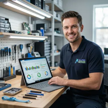 APCS technician diagnosing a Microsoft laptop with diagnostic tools