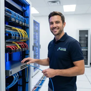 IT technician installing and configuring network equipment in a business office