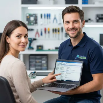 APCS technician explaining a computer repair diagnosis to a satisfied customer